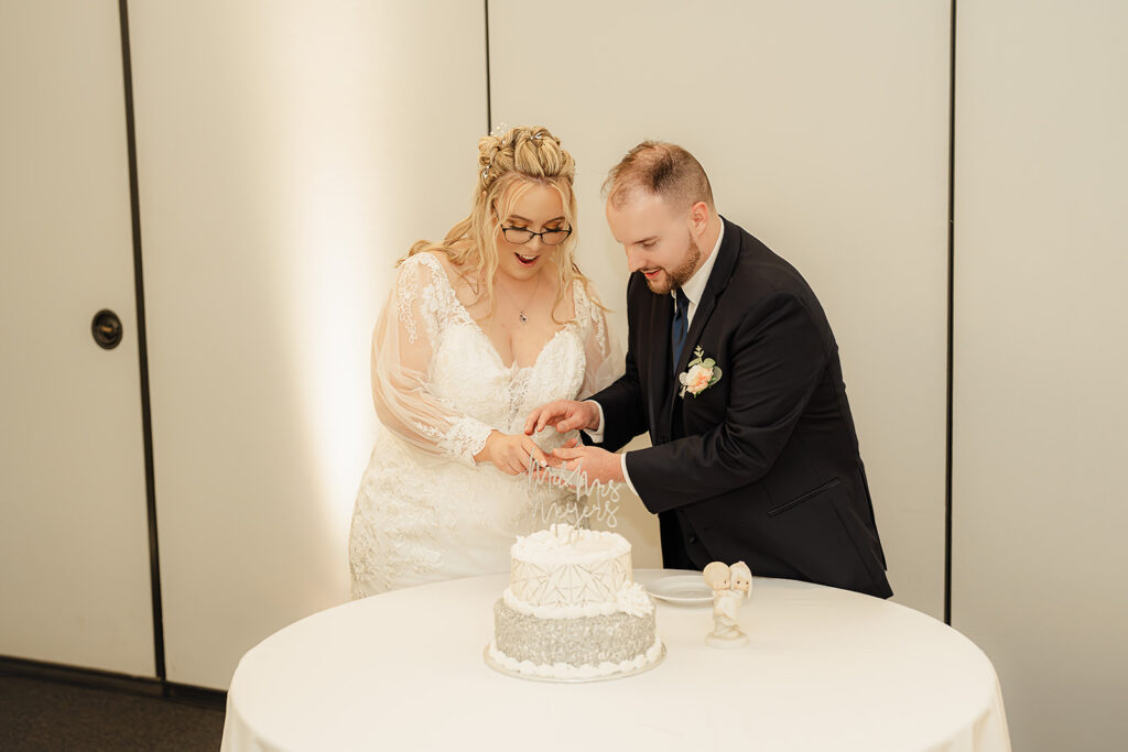Bride and grooms wedding cake cutting