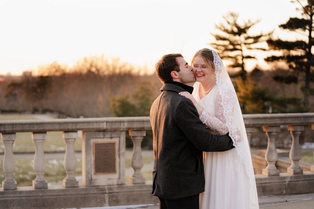Sunset portrait of bride and groom