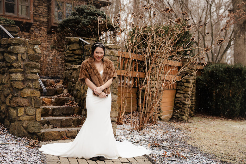 portrait of bride during first look with the groom and her son