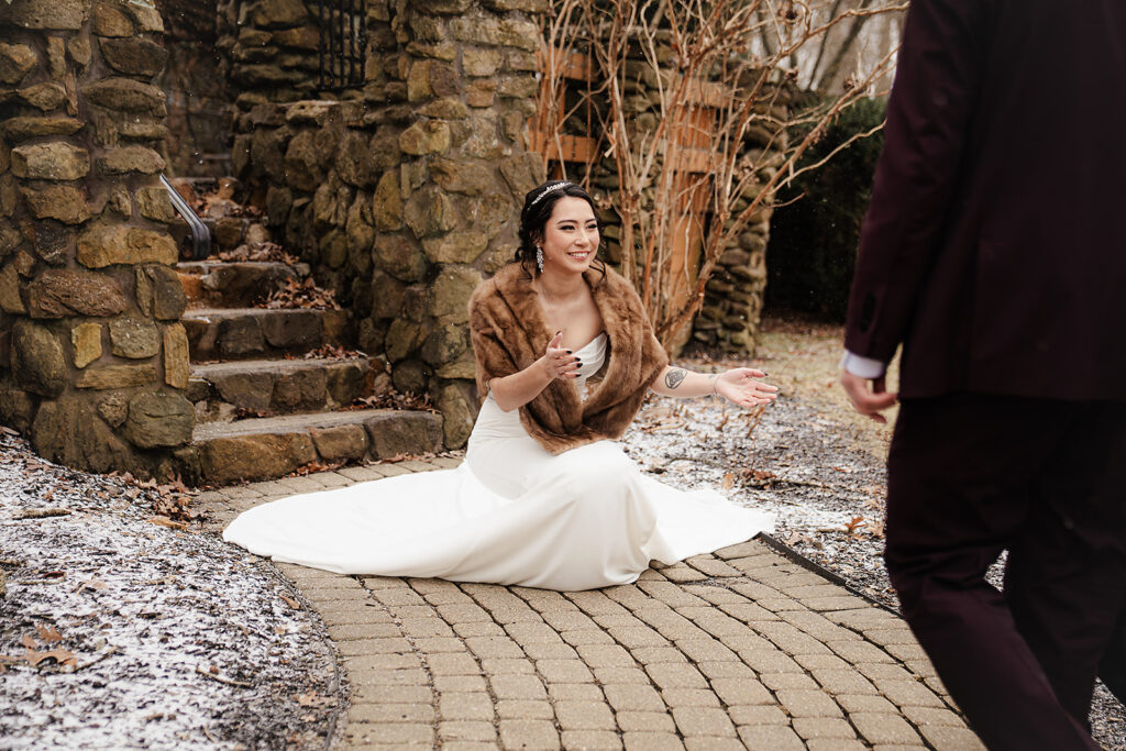 portrait of bride during first look with the groom and her son
