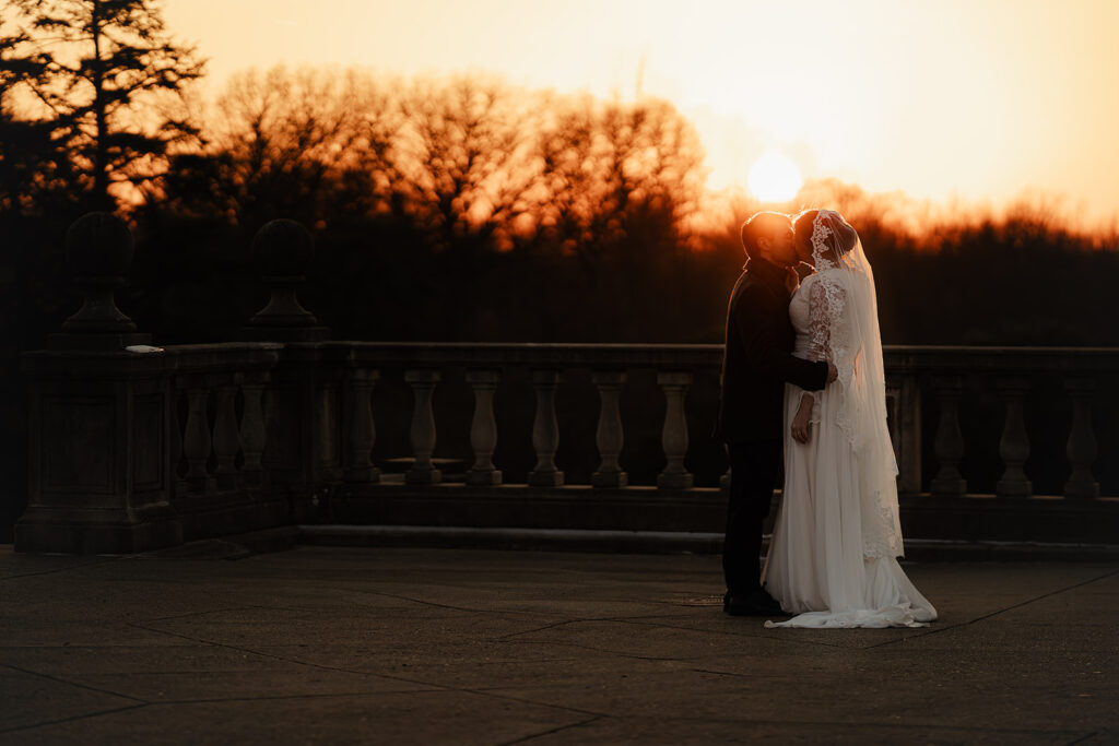 sunset portrait of bride and groom